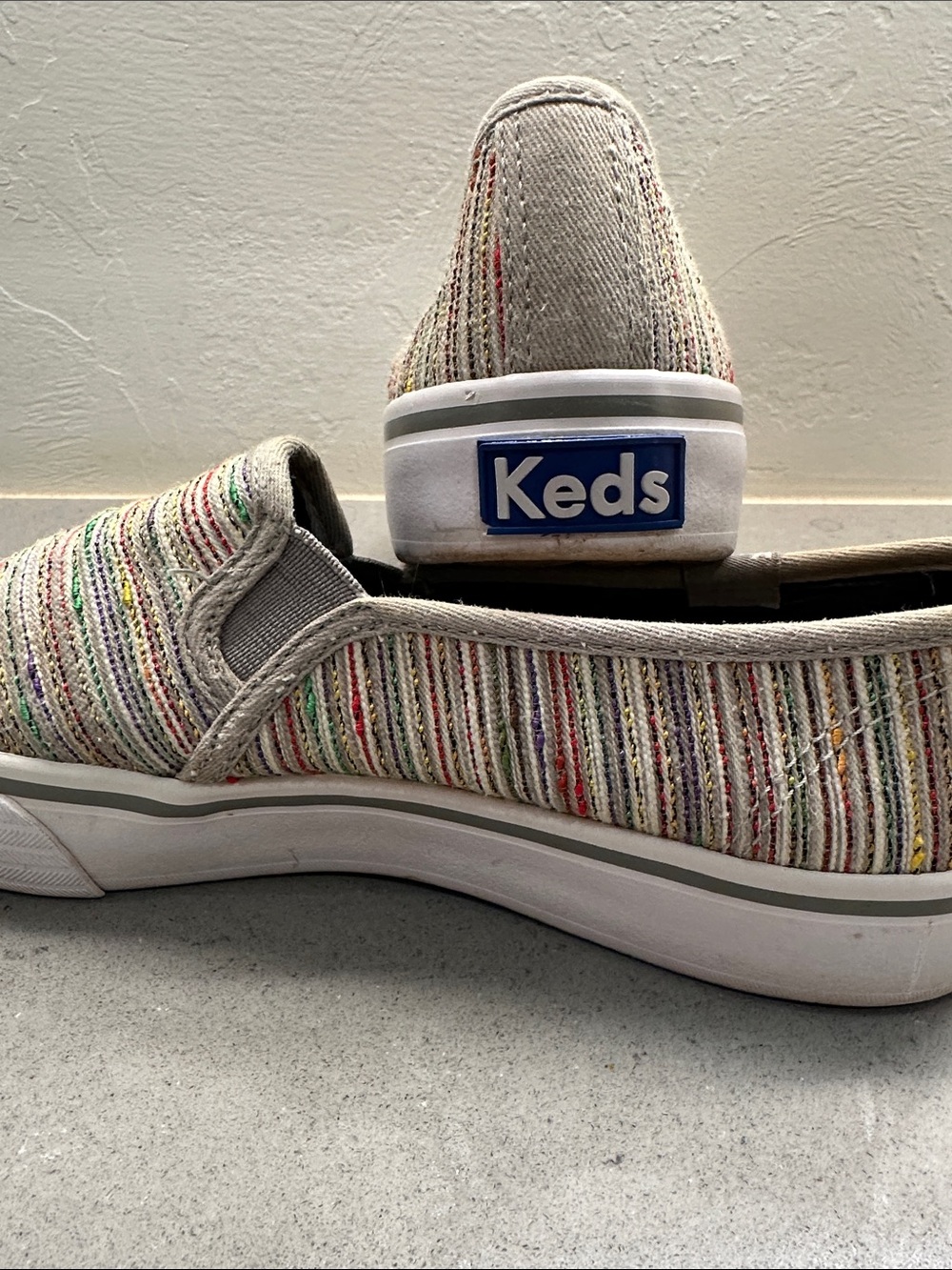 Keds Slip-On Sneakers in Natural Canvas with Multicolor Stripe Accents